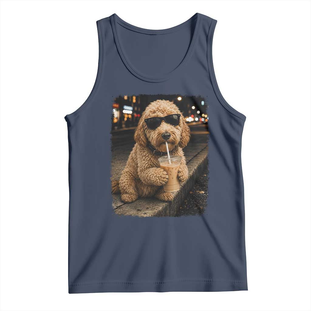 Goldendoodle Drinking Iced Coffee Tank Top Grunge Graphic Funny Dog Lover