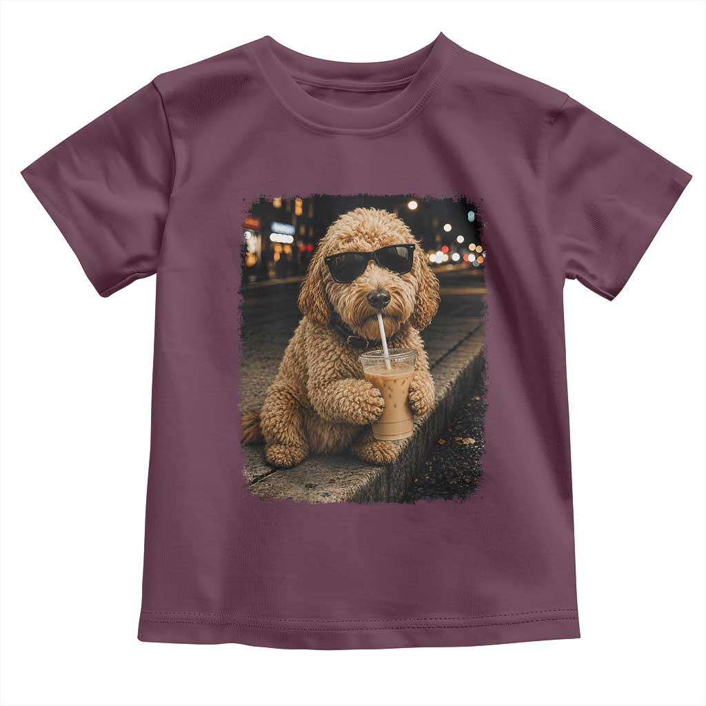 Goldendoodle Drinking Iced Coffee Toddler T Shirt Grunge Graphic Funny Dog Lover