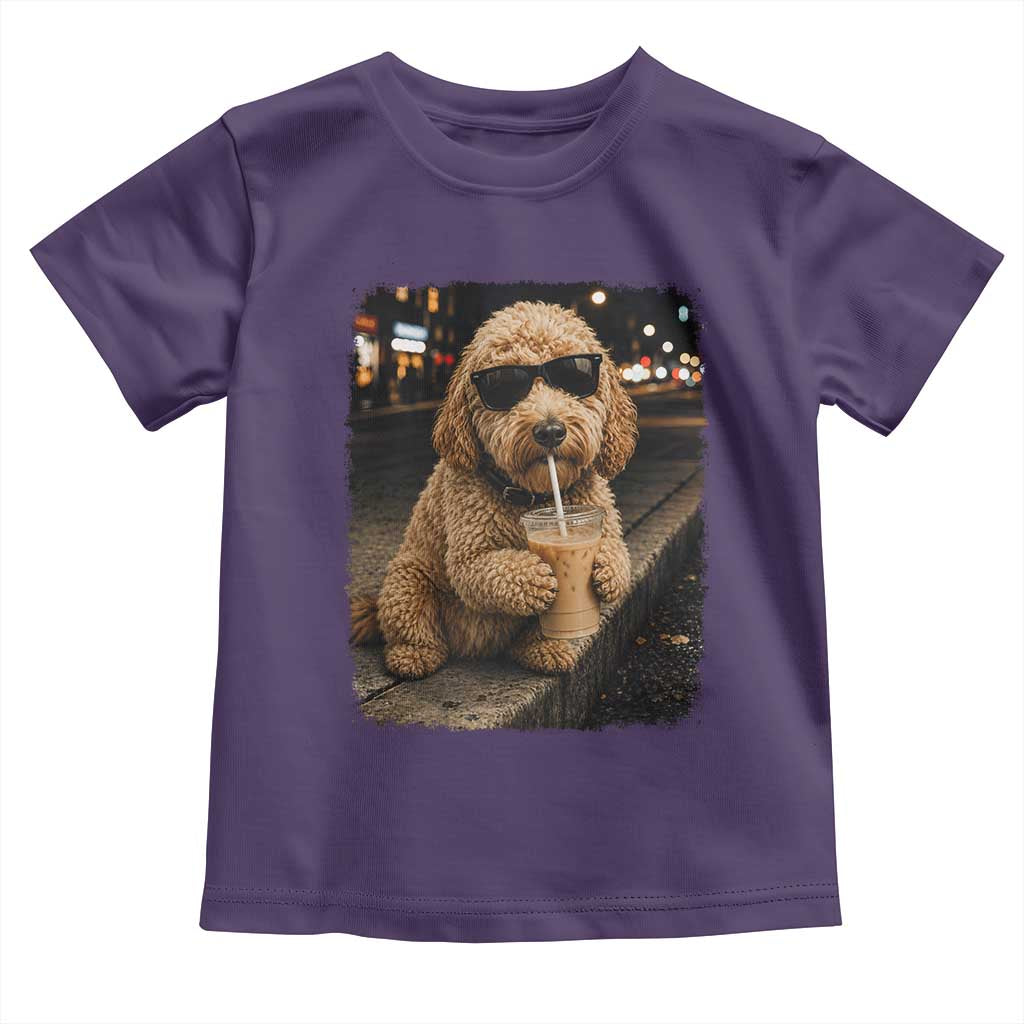 Goldendoodle Drinking Iced Coffee Toddler T Shirt Grunge Graphic Funny Dog Lover