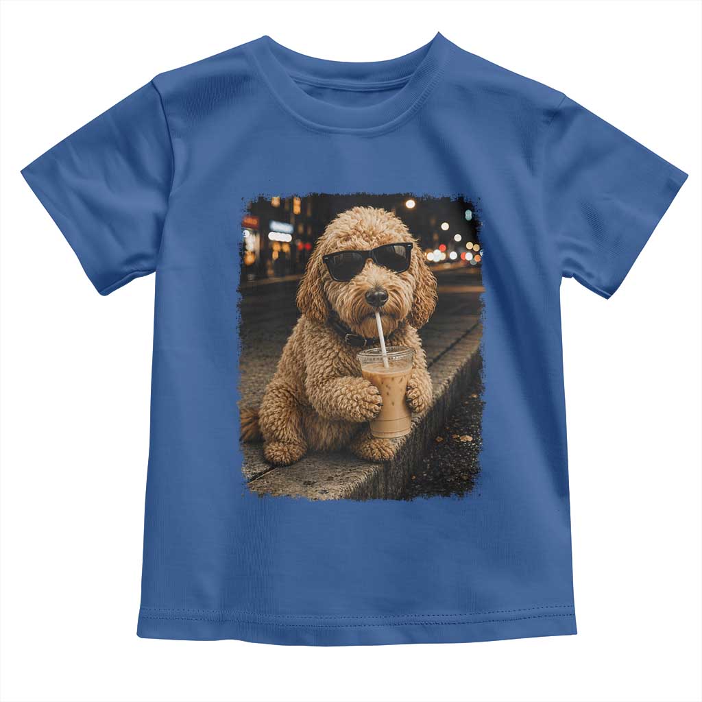 Goldendoodle Drinking Iced Coffee Toddler T Shirt Grunge Graphic Funny Dog Lover