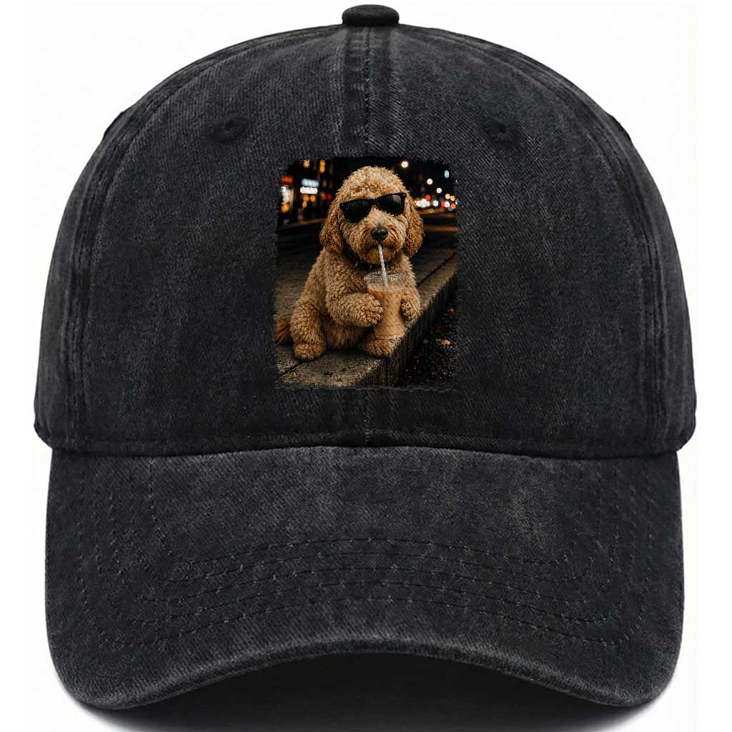 Goldendoodle Drinking Iced Coffee Washed Cotton Baseball Cap Grunge Graphic Funny Dog Lover TS10 Print Your Wear
