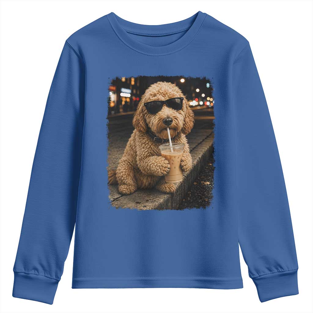 Goldendoodle Drinking Iced Coffee Youth Sweatshirt Grunge Graphic Funny Dog Lover
