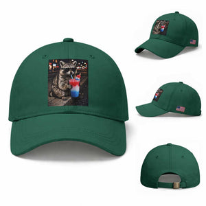 4th Of July Raccoon Drinking Slushie Baseball Cap Patriotic 250 Anniversary USA Trash Panda Funny Meme