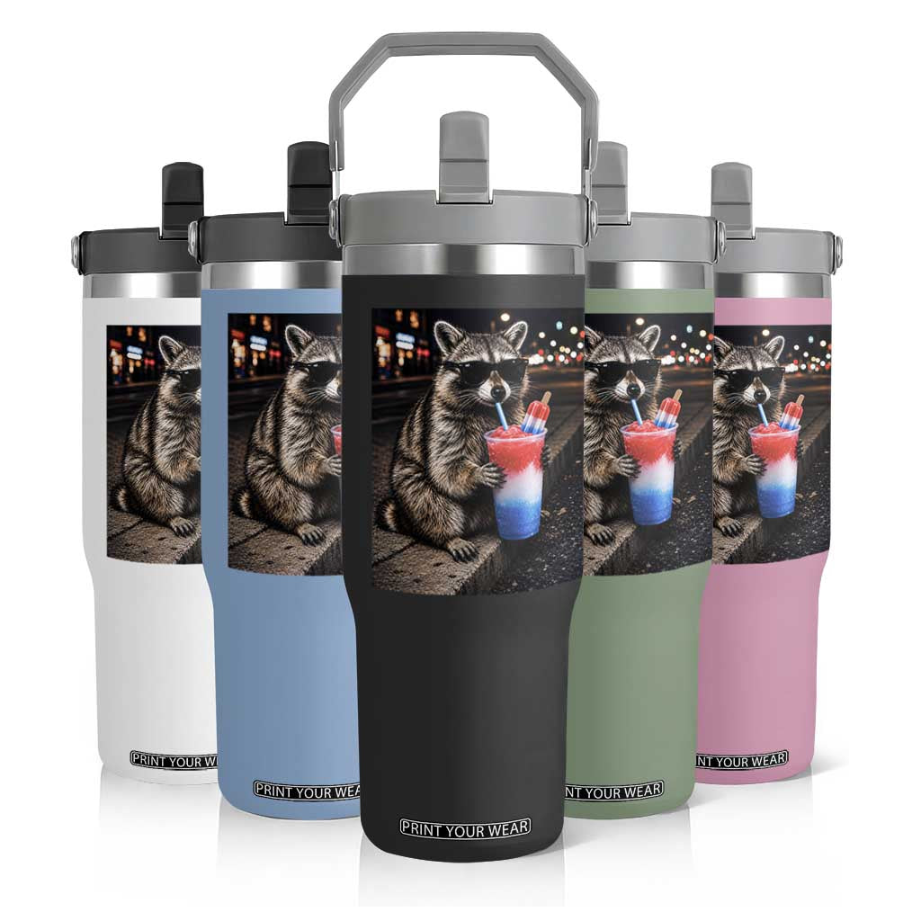 4th Of July Raccoon Drinking Slushie Flip Straw Tumbler Patriotic 250 Anniversary USA Trash Panda Funny Meme