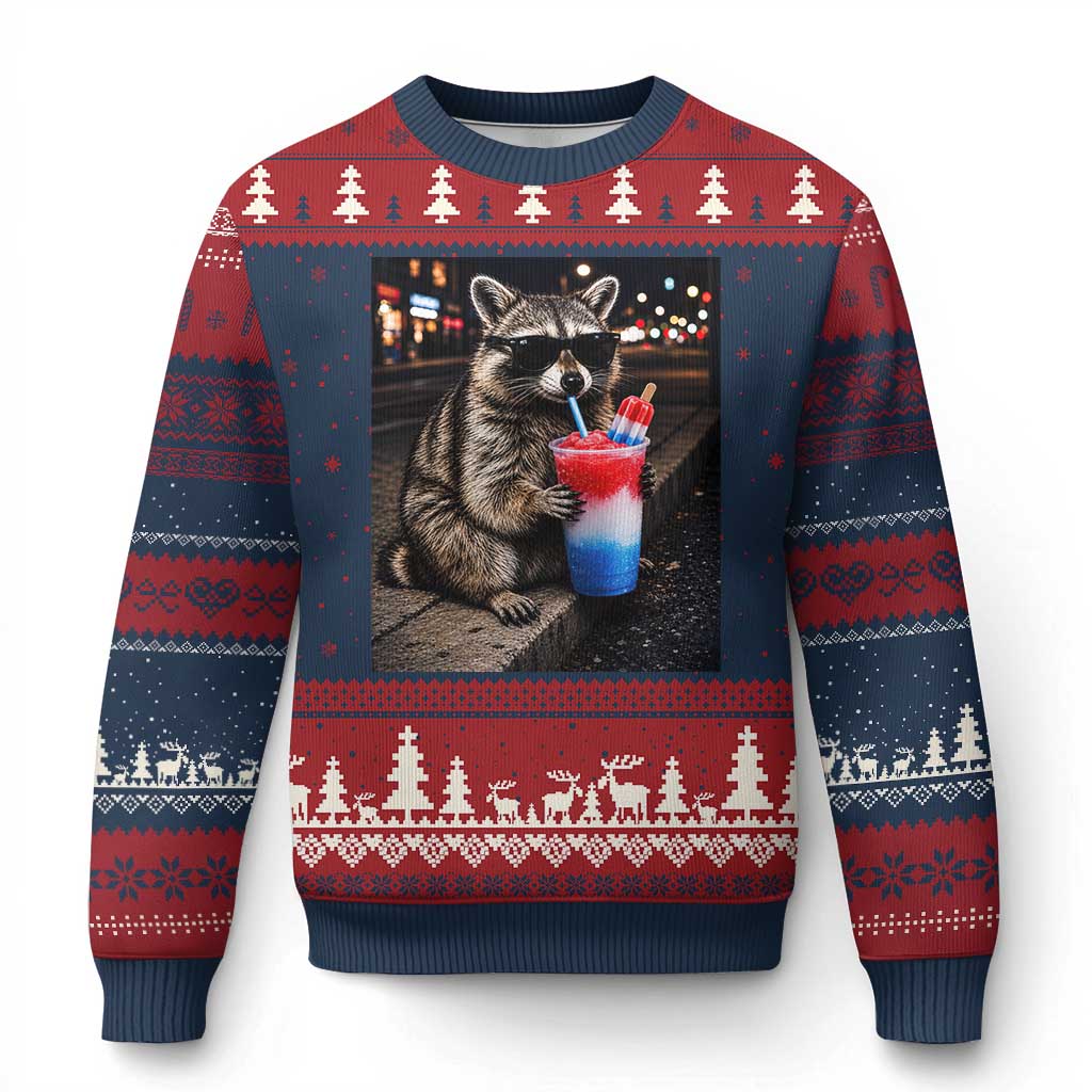 4th Of July Raccoon Drinking Slushie Ugly Christmas Sweater Patriotic 250 Anniversary USA Trash Panda Funny Meme TS10 Navy Red Print Your Wear