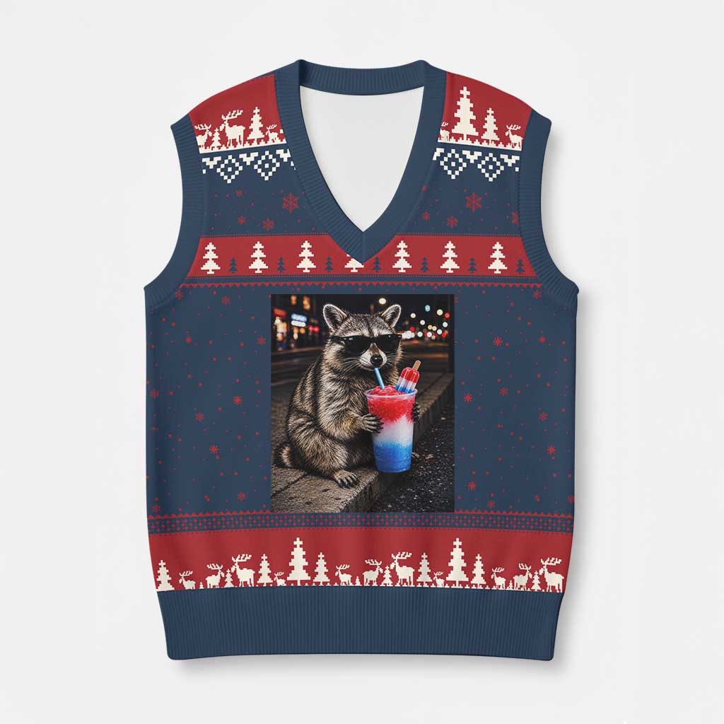 4th Of July Raccoon Drinking Slushie V-Neck Knit Sweater Vest Patriotic 250 Anniversary USA Trash Panda Funny Meme TS10 Navy Red Print Your Wear