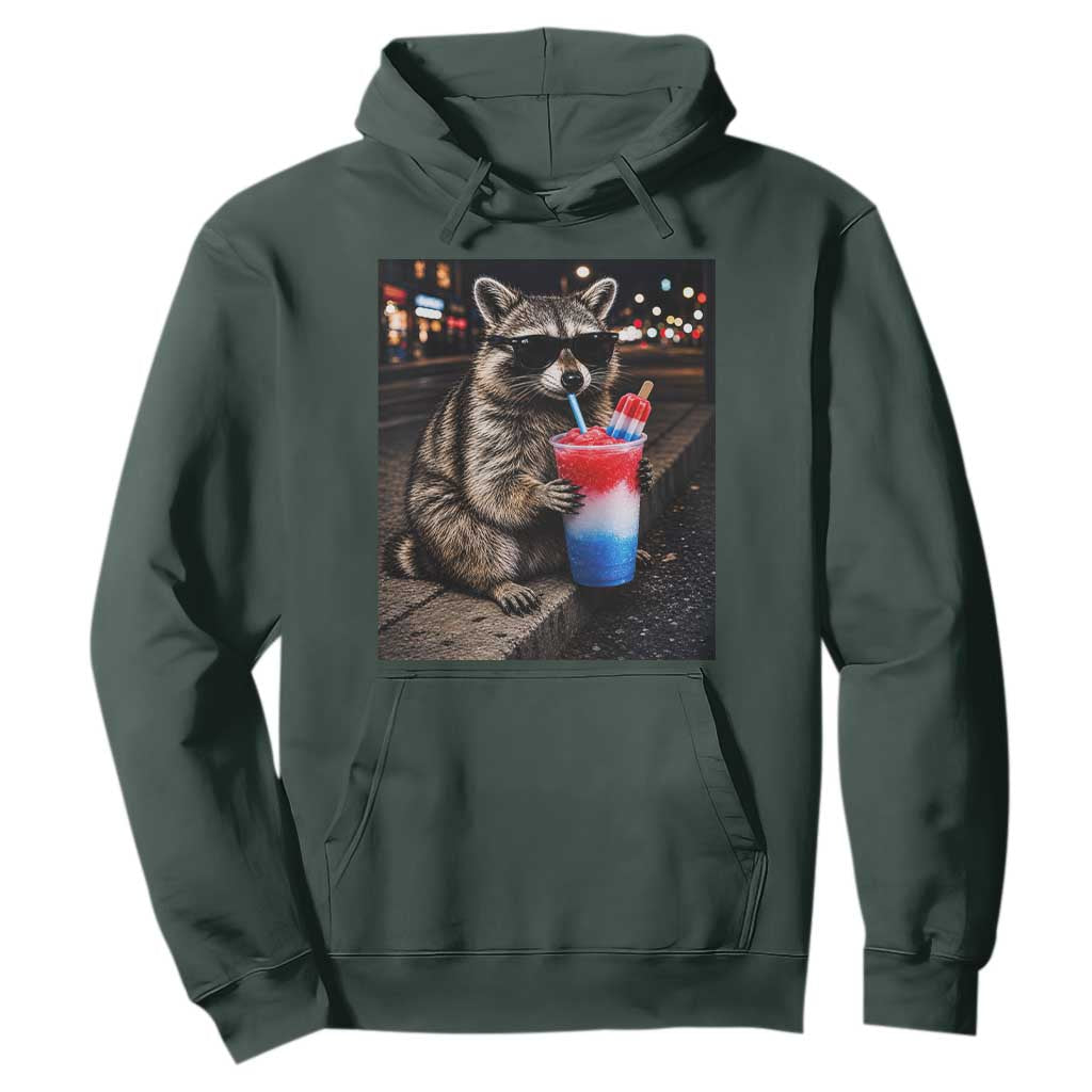4th Of July Raccoon Drinking Slushie Hoodie Patriotic 250 Anniversary USA Trash Panda Funny Meme TS10 Dark Forest Green Print Your Wear