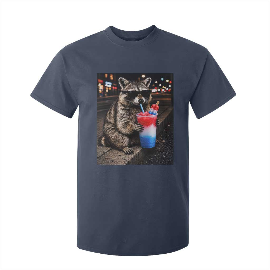 4th Of July Raccoon Drinking Slushie T Shirt For Kid Patriotic 250 Anniversary USA Trash Panda Funny Meme TS10 Navy Print Your Wear