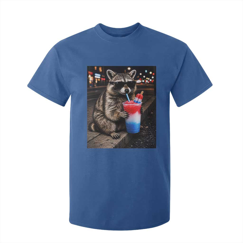 4th Of July Raccoon Drinking Slushie T Shirt For Kid Patriotic 250 Anniversary USA Trash Panda Funny Meme TS10 Royal Blue Print Your Wear