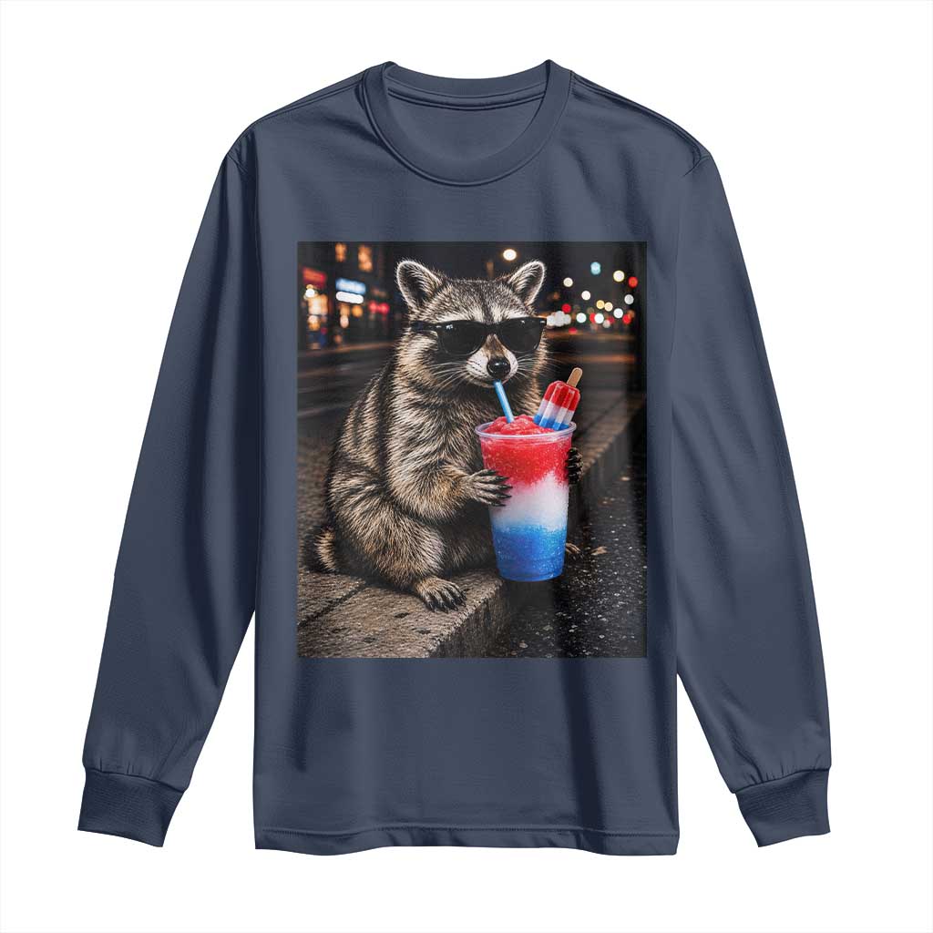 4th Of July Raccoon Drinking Slushie Long Sleeve Shirt Patriotic 250 Anniversary USA Trash Panda Funny Meme TS10 Navy Print Your Wear