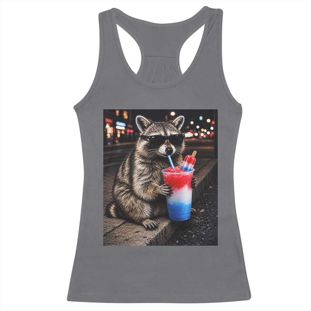 4th Of July Raccoon Drinking Slushie Racerback Tank Top Patriotic 250 Anniversary USA Trash Panda Funny Meme TS10 Charcoal Print Your Wear