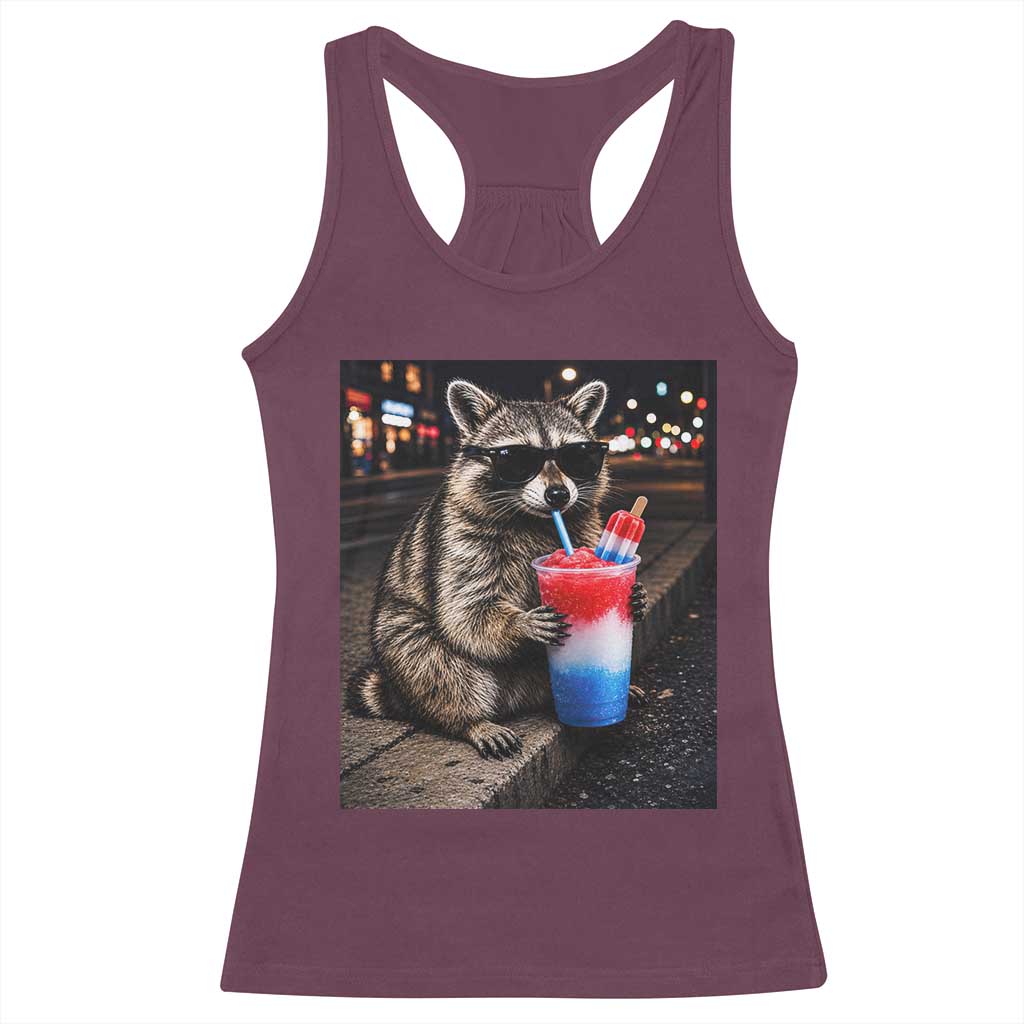 4th Of July Raccoon Drinking Slushie Racerback Tank Top Patriotic 250 Anniversary USA Trash Panda Funny Meme TS10 Maroon Print Your Wear