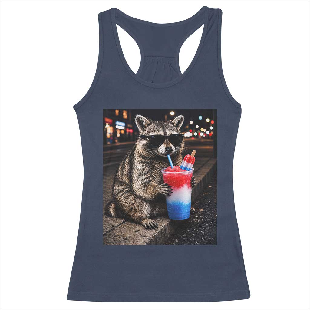 4th Of July Raccoon Drinking Slushie Racerback Tank Top Patriotic 250 Anniversary USA Trash Panda Funny Meme TS10 Navy Print Your Wear