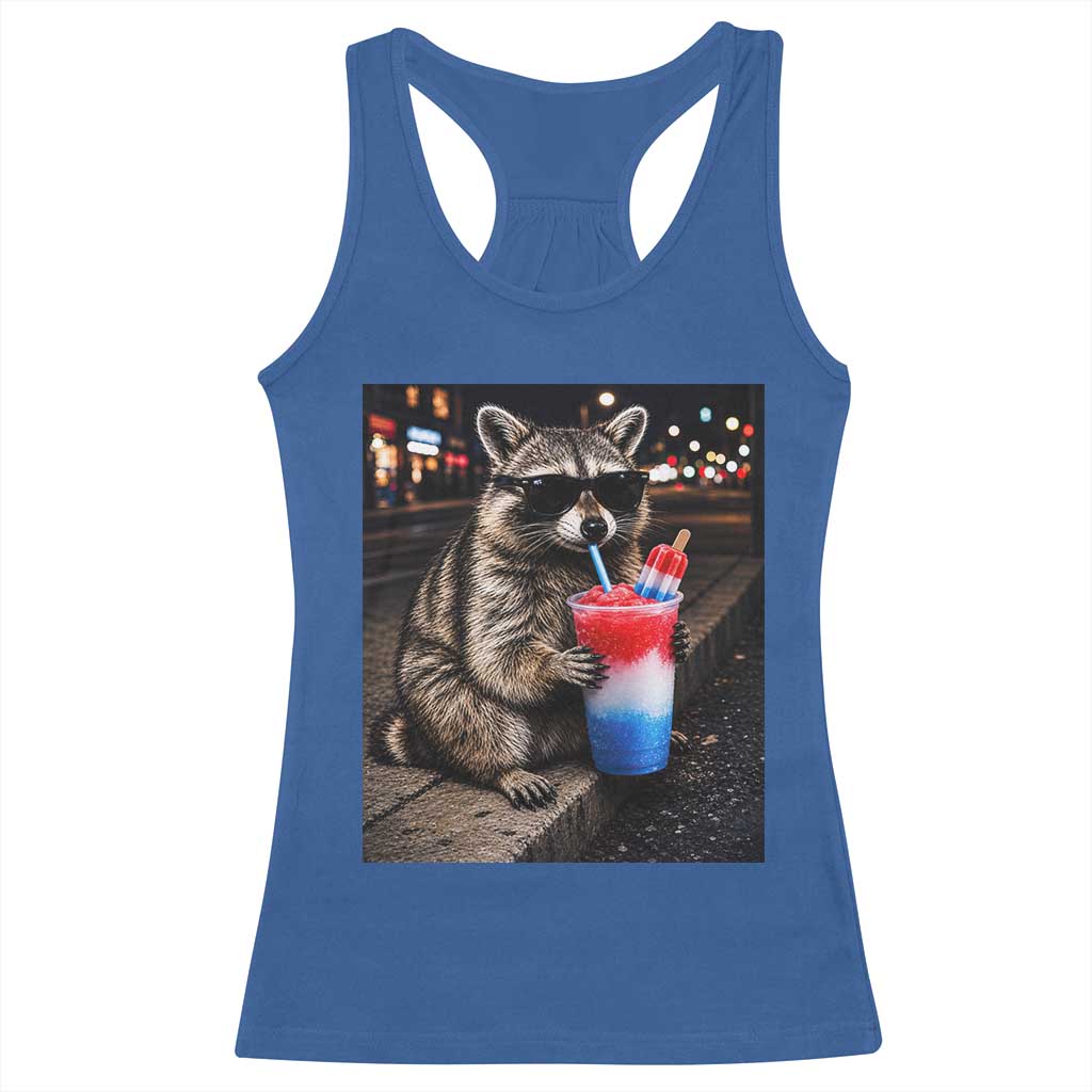 4th Of July Raccoon Drinking Slushie Racerback Tank Top Patriotic 250 Anniversary USA Trash Panda Funny Meme TS10 Royal Blue Print Your Wear