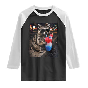 4th Of July Raccoon Drinking Slushie Raglan Shirt Patriotic 250 Anniversary USA Trash Panda Funny Meme