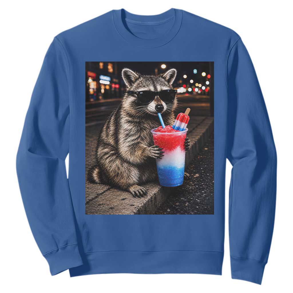 4th Of July Raccoon Drinking Slushie Sweatshirt Patriotic 250 Anniversary USA Trash Panda Funny Meme