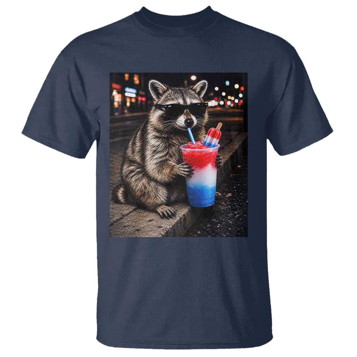 4th Of July Raccoon Drinking Slushie T Shirt Patriotic 250 Anniversary USA Trash Panda Funny Meme
