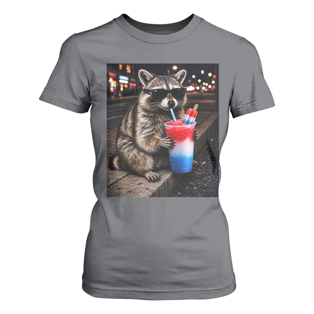 4th Of July Raccoon Drinking Slushie T Shirt For Women Patriotic 250 Anniversary USA Trash Panda Funny Meme