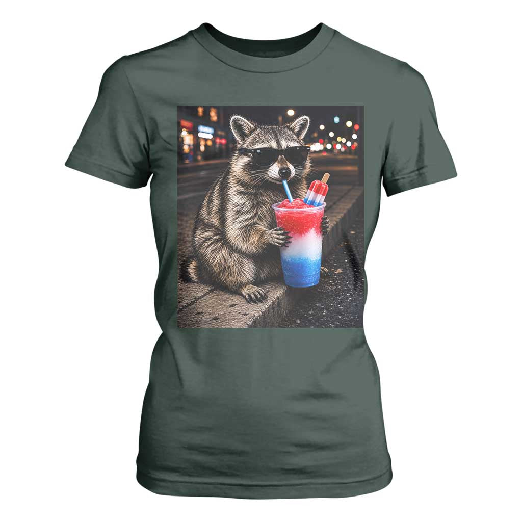 4th Of July Raccoon Drinking Slushie T Shirt For Women Patriotic 250 Anniversary USA Trash Panda Funny Meme