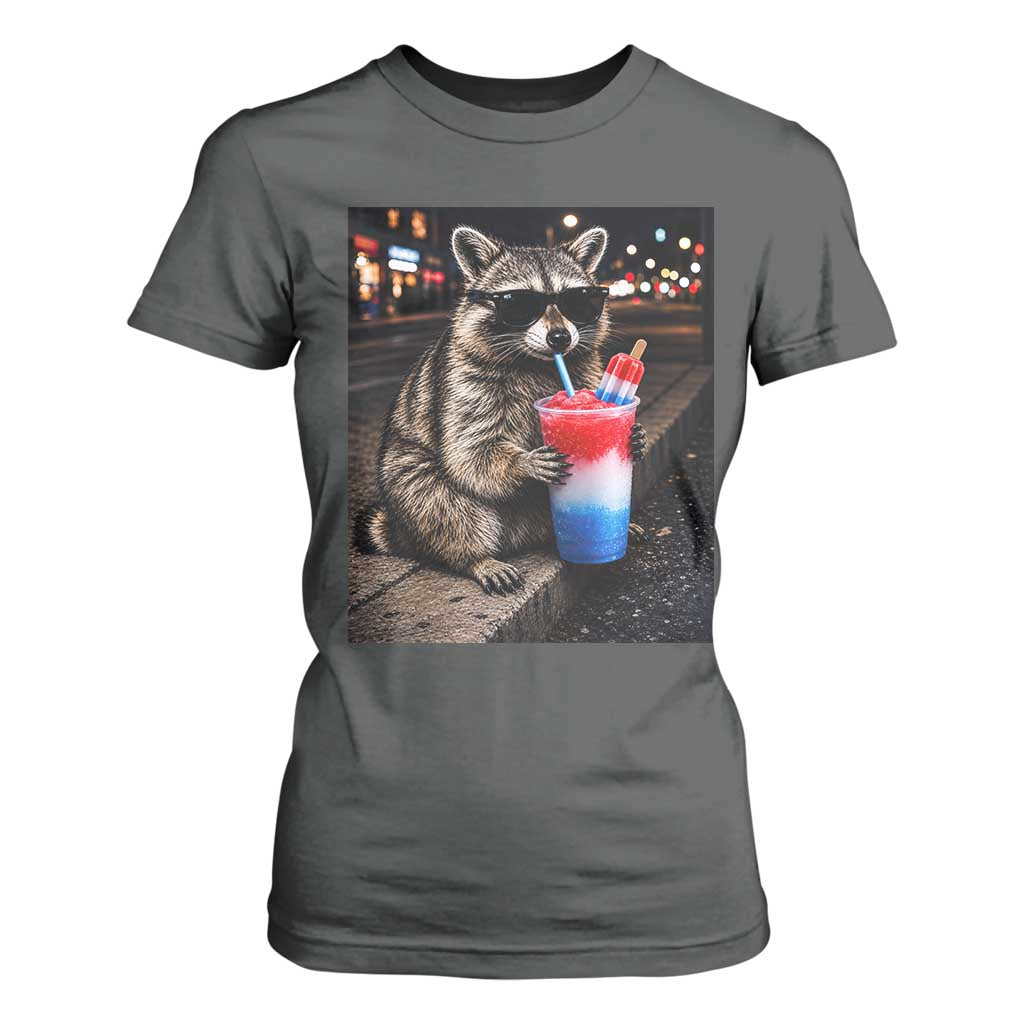 4th Of July Raccoon Drinking Slushie T Shirt For Women Patriotic 250 Anniversary USA Trash Panda Funny Meme