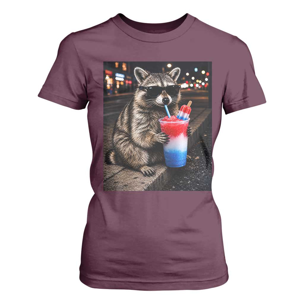 4th Of July Raccoon Drinking Slushie T Shirt For Women Patriotic 250 Anniversary USA Trash Panda Funny Meme