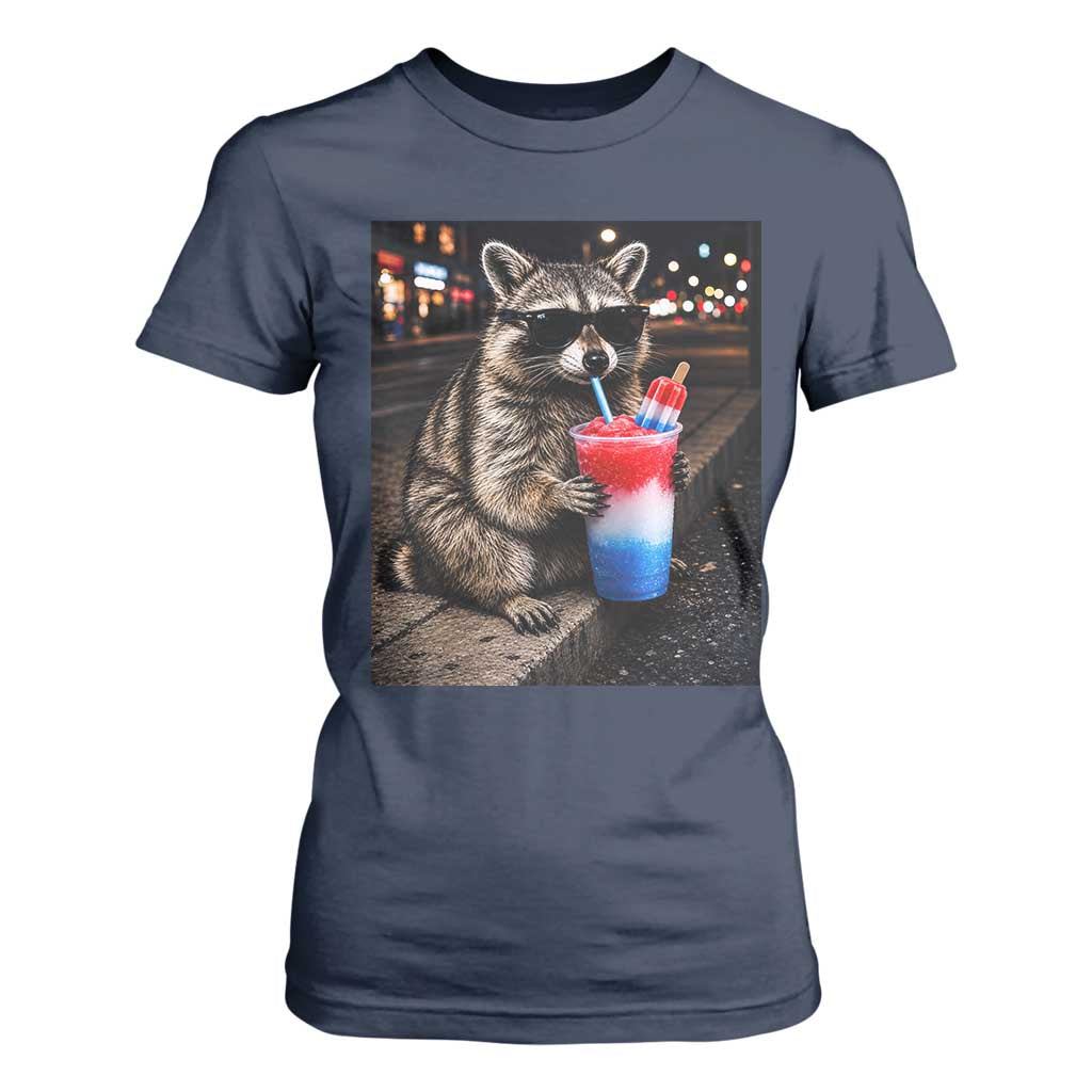 4th Of July Raccoon Drinking Slushie T Shirt For Women Patriotic 250 Anniversary USA Trash Panda Funny Meme