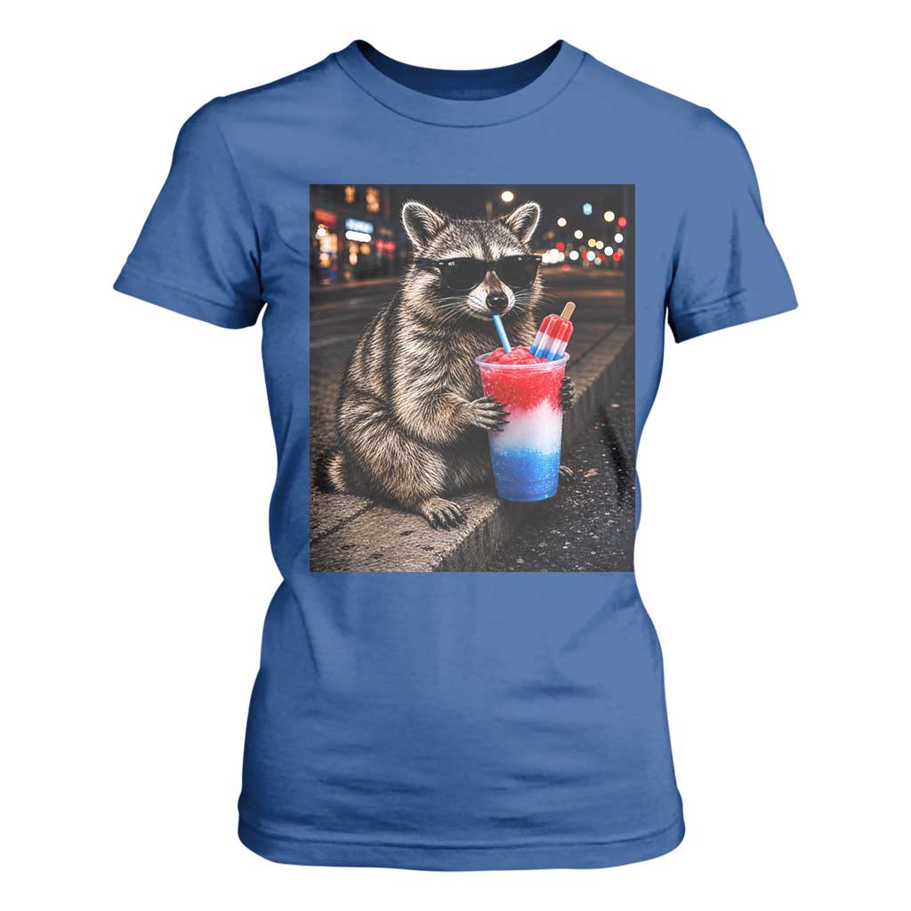 4th Of July Raccoon Drinking Slushie T Shirt For Women Patriotic 250 Anniversary USA Trash Panda Funny Meme