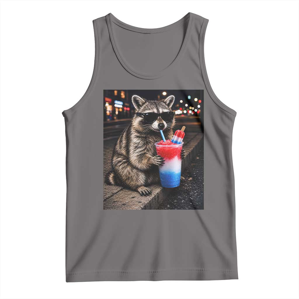 4th Of July Raccoon Drinking Slushie Tank Top Patriotic 250 Anniversary USA Trash Panda Funny Meme