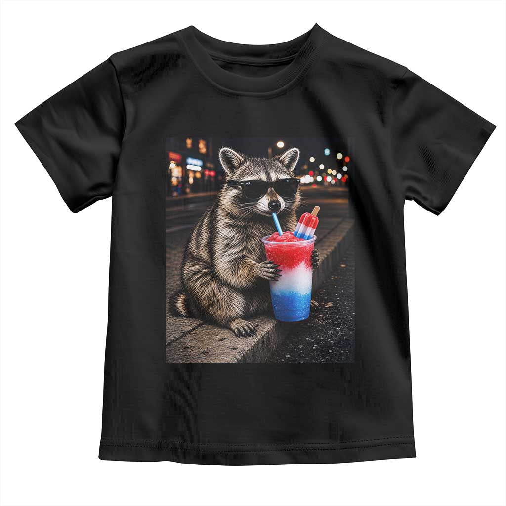 4th Of July Raccoon Drinking Slushie Toddler T Shirt Patriotic 250 Anniversary USA Trash Panda Funny Meme TS10 Black Print Your Wear