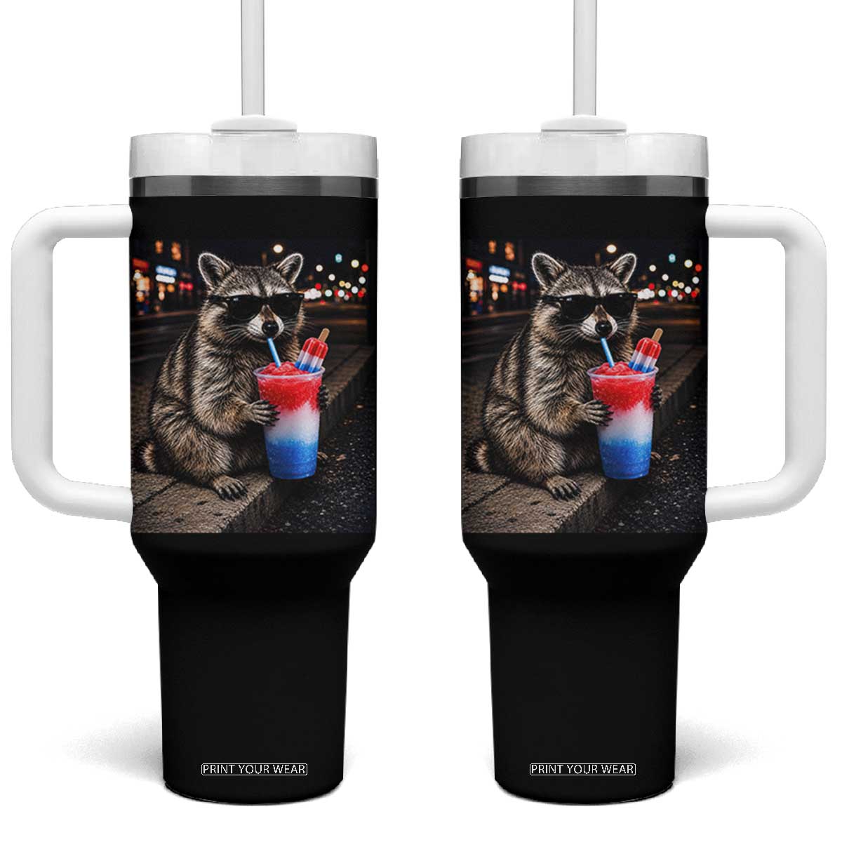 4th Of July Raccoon Drinking Slushie Tumbler With Handle Patriotic 250 Anniversary USA Trash Panda Funny Meme TS10 One Size: 40 oz Black Print Your Wear