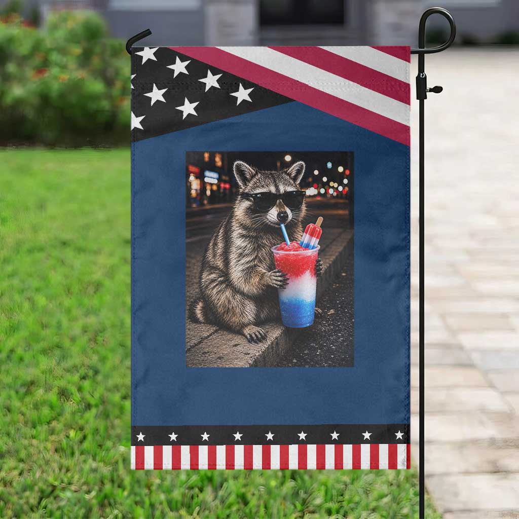 4th Of July Raccoon Drinking Slushie Patriotic Garden Flag 250 Anniversary USA Trash Panda Funny Meme