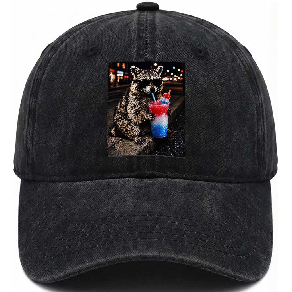 4th Of July Raccoon Drinking Slushie Washed Cotton Baseball Cap Patriotic 250 Anniversary USA Trash Panda Funny Meme TS10 Print Your Wear