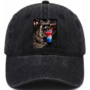 4th Of July Raccoon Drinking Slushie Washed Cotton Baseball Cap Patriotic 250 Anniversary USA Trash Panda Funny Meme TS10 Print Your Wear