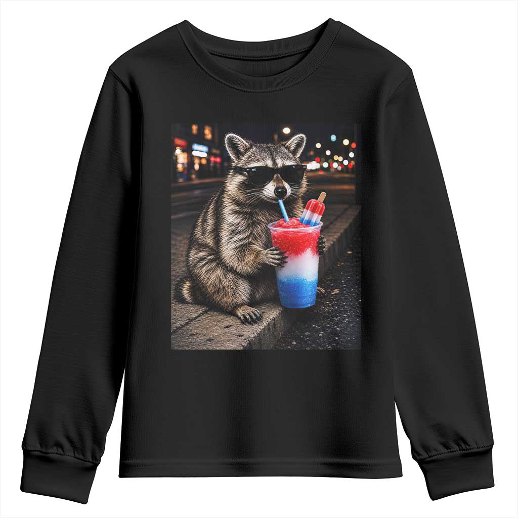 4th Of July Raccoon Drinking Slushie Youth Sweatshirt Patriotic 250 Anniversary USA Trash Panda Funny Meme