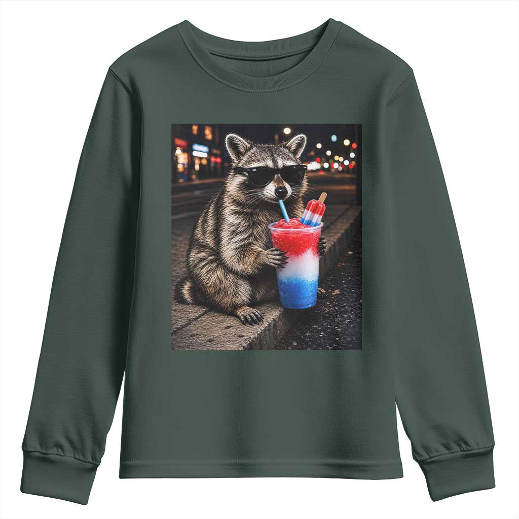 4th Of July Raccoon Drinking Slushie Youth Sweatshirt Patriotic 250 Anniversary USA Trash Panda Funny Meme