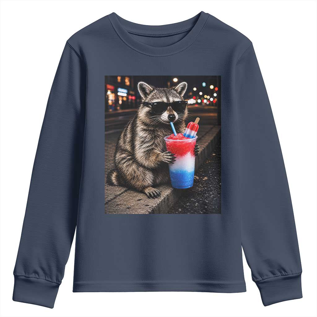 4th Of July Raccoon Drinking Slushie Youth Sweatshirt Patriotic 250 Anniversary USA Trash Panda Funny Meme