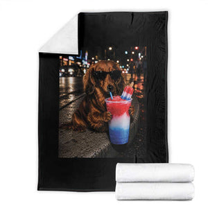 4th Of July Dachshund Drinking Slushie Throw Blanket Patriotic 250 Anniversary USA Dog Lovers Funny Meme