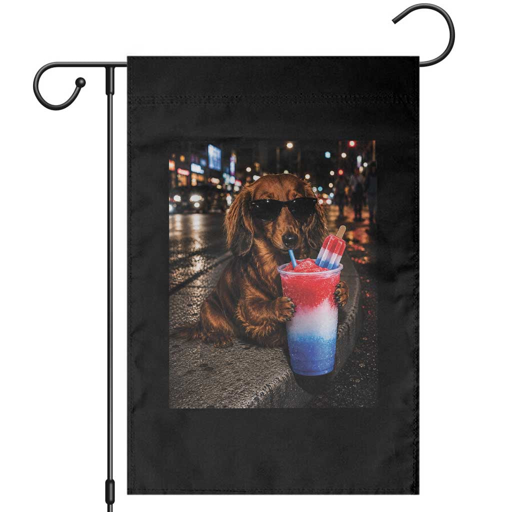 4th Of July Dachshund Drinking Slushie Garden Flag Patriotic 250 Anniversary USA Dog Lovers Funny Meme