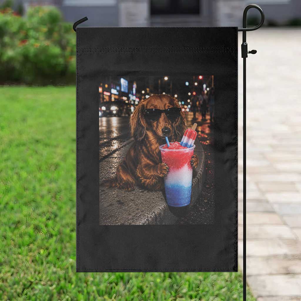 4th Of July Dachshund Drinking Slushie Garden Flag Patriotic 250 Anniversary USA Dog Lovers Funny Meme