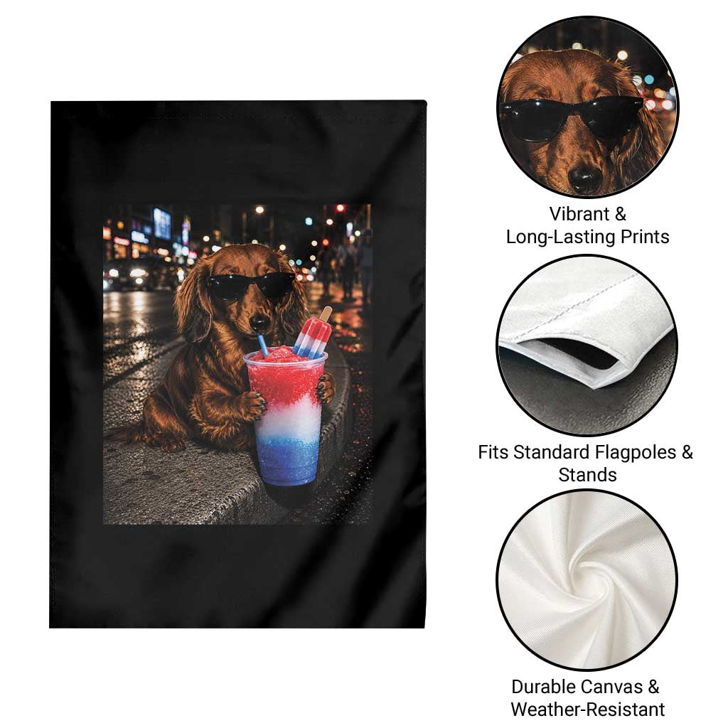 4th Of July Dachshund Drinking Slushie Garden Flag Patriotic 250 Anniversary USA Dog Lovers Funny Meme