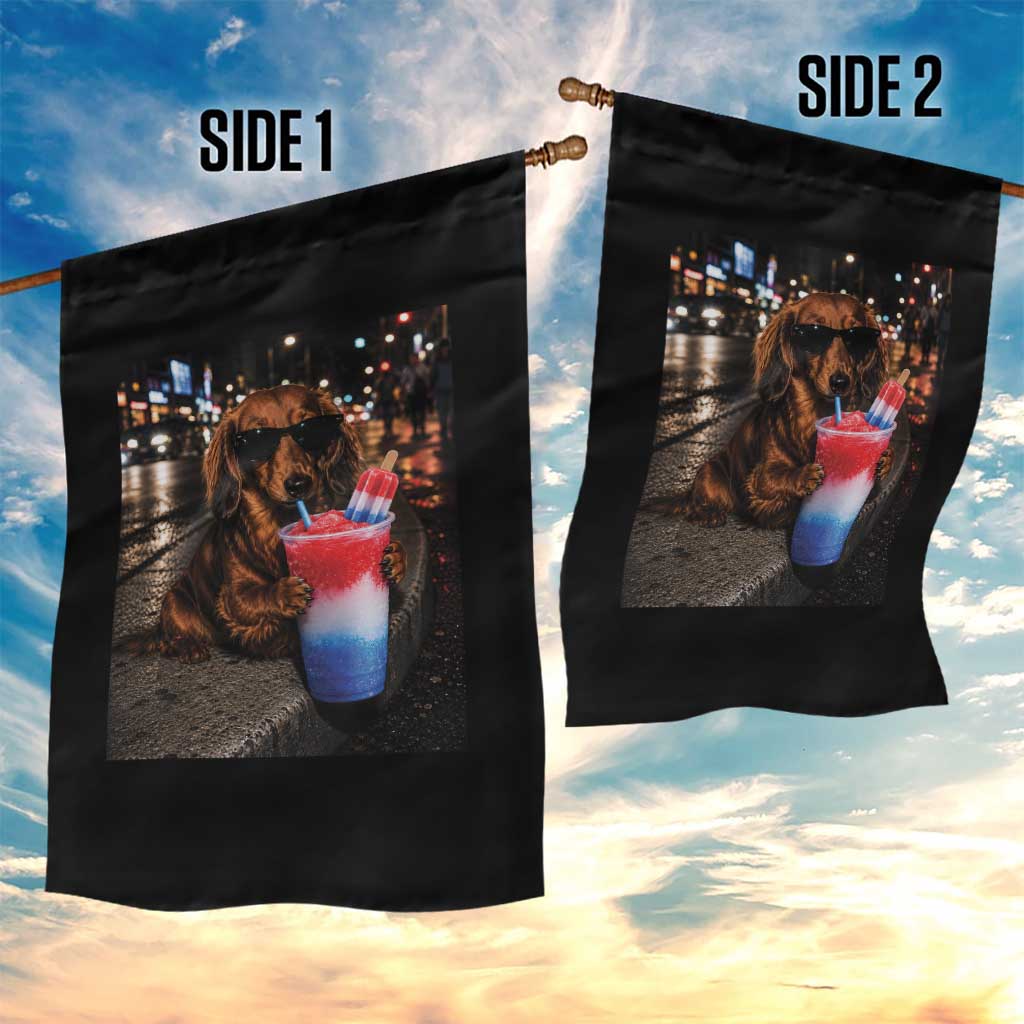 4th Of July Dachshund Drinking Slushie Garden Flag Patriotic 250 Anniversary USA Dog Lovers Funny Meme