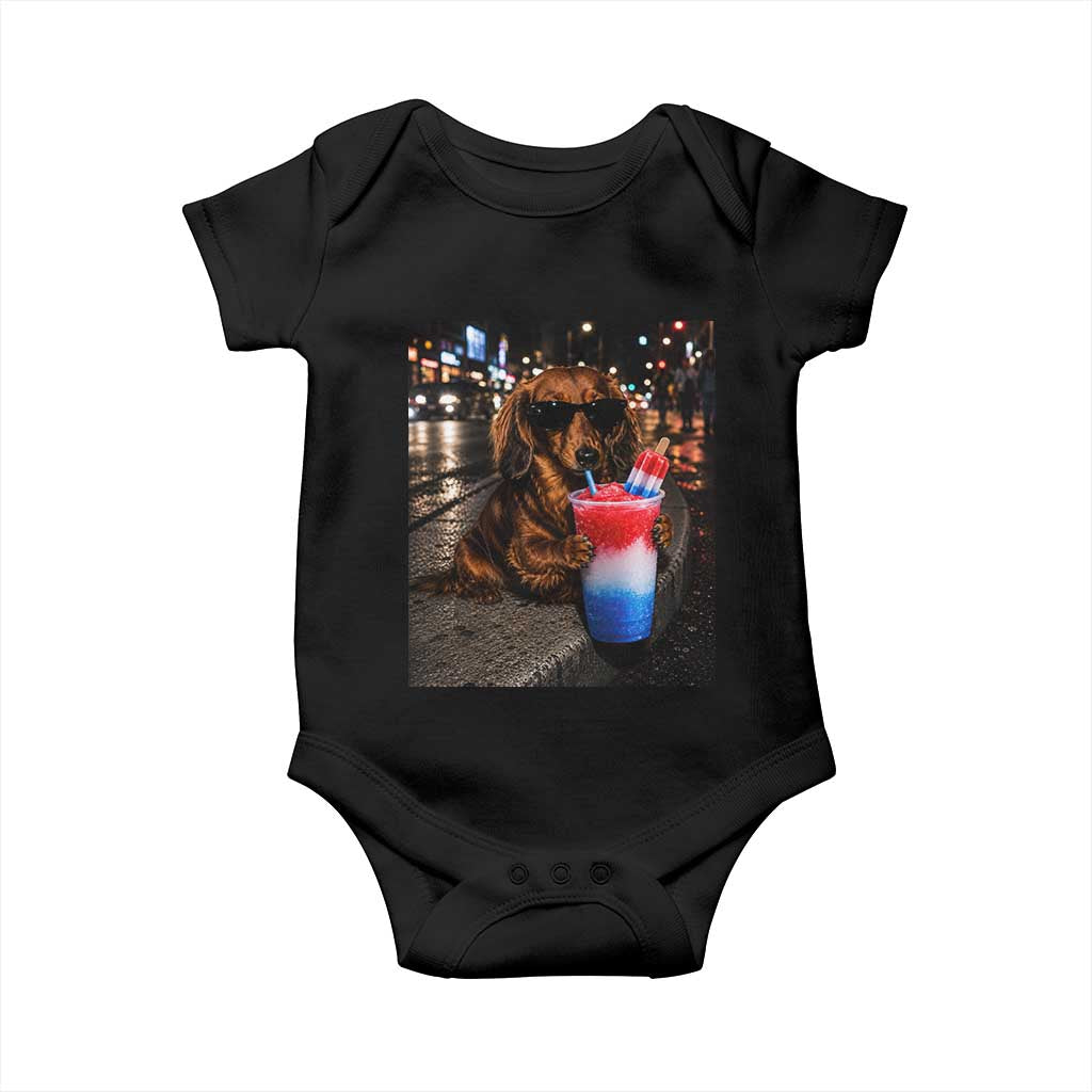 4th Of July Dachshund Drinking Slushie Baby Onesie Patriotic 250 Anniversary USA Dog Lovers Funny Meme TS10 Black Print Your Wear