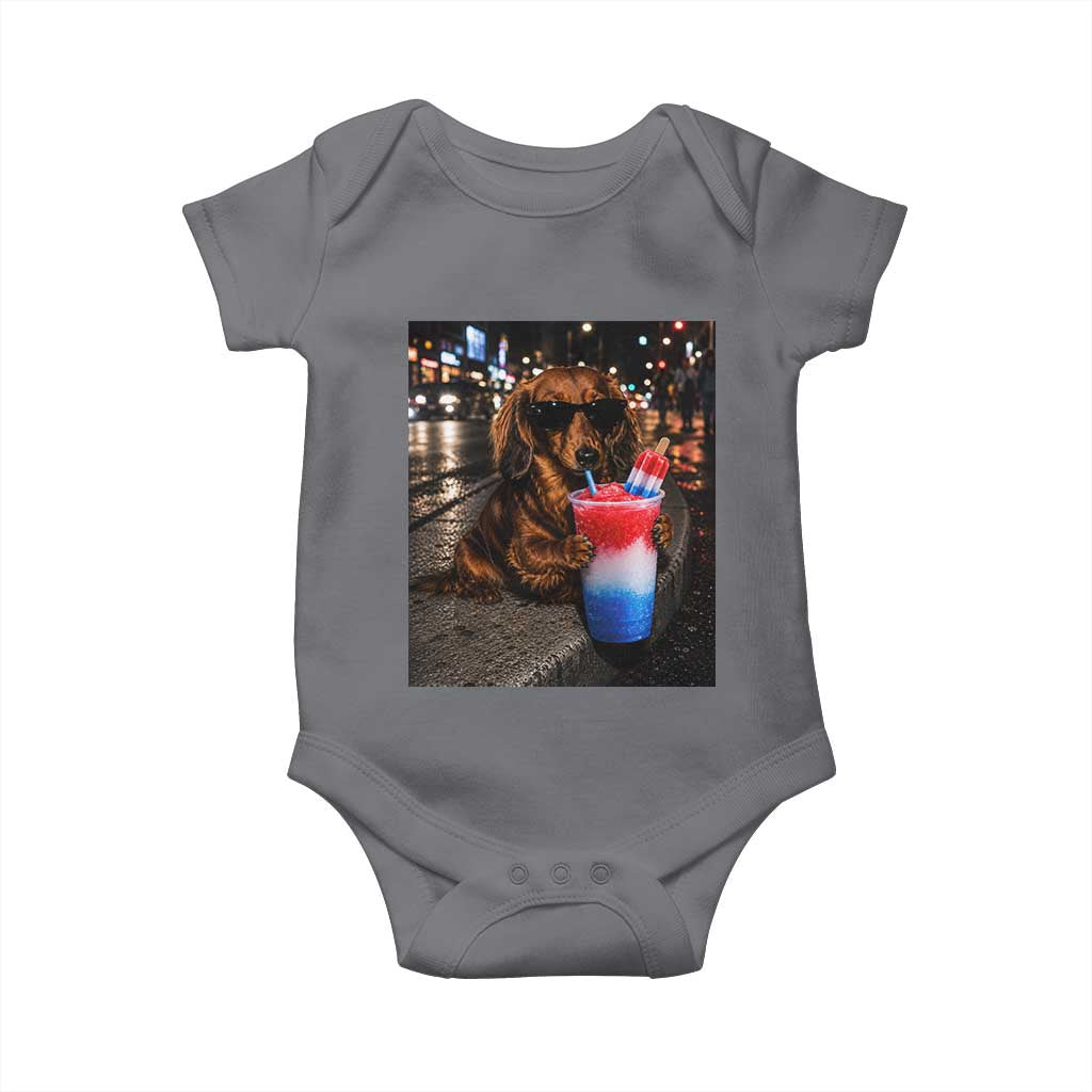 4th Of July Dachshund Drinking Slushie Baby Onesie Patriotic 250 Anniversary USA Dog Lovers Funny Meme
