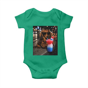 4th Of July Dachshund Drinking Slushie Baby Onesie Patriotic 250 Anniversary USA Dog Lovers Funny Meme