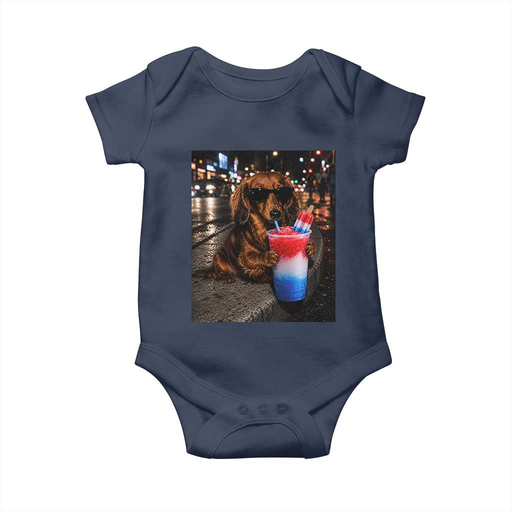 4th Of July Dachshund Drinking Slushie Baby Onesie Patriotic 250 Anniversary USA Dog Lovers Funny Meme