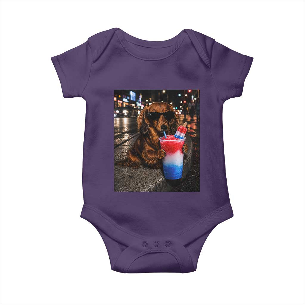 4th Of July Dachshund Drinking Slushie Baby Onesie Patriotic 250 Anniversary USA Dog Lovers Funny Meme