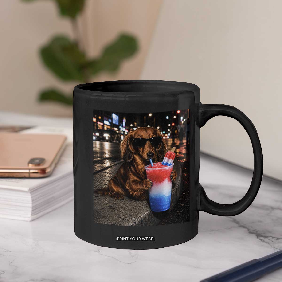 4th Of July Dachshund Drinking Slushie Coffee Mug Patriotic 250 Anniversary USA Dog Lovers Funny Meme