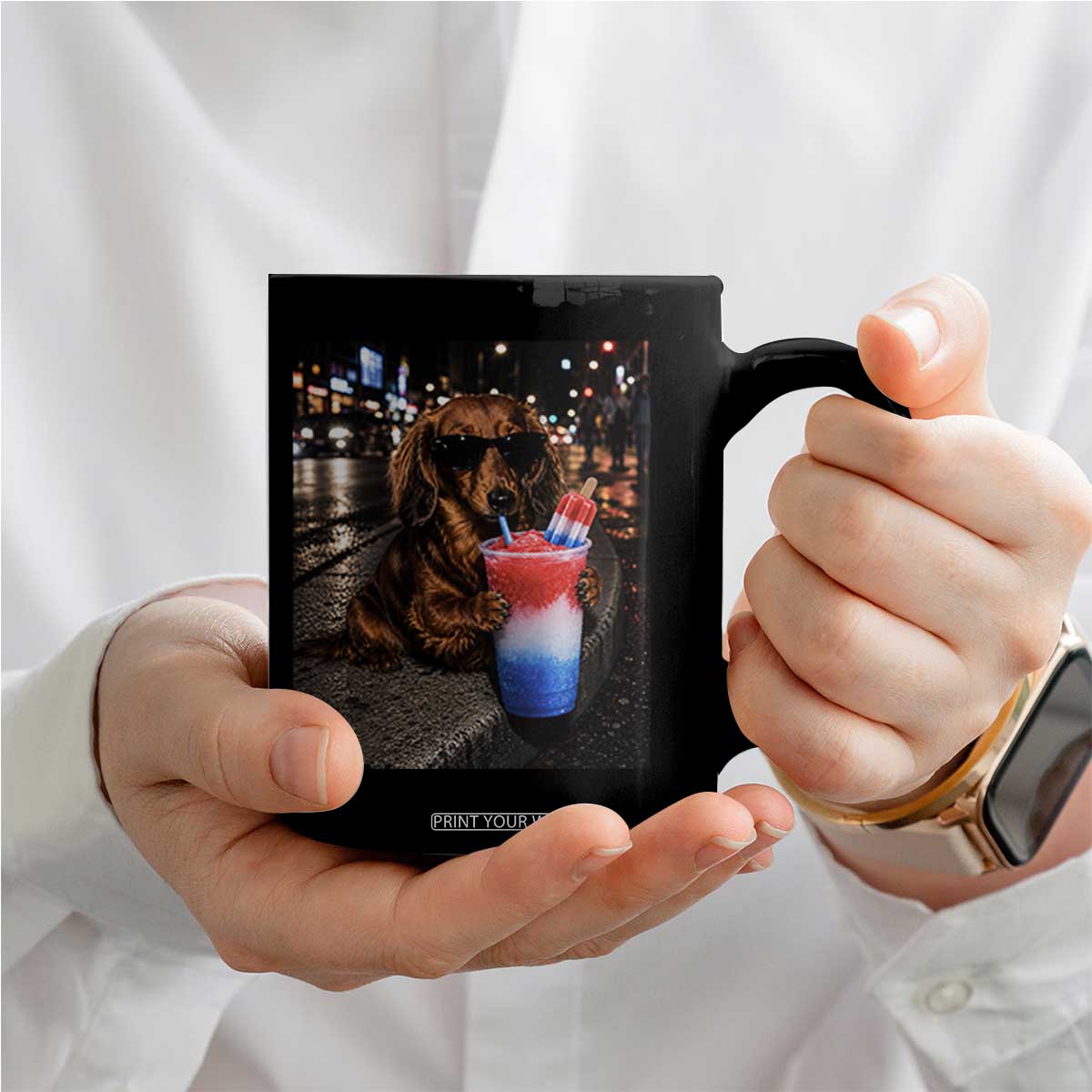 4th Of July Dachshund Drinking Slushie Coffee Mug Patriotic 250 Anniversary USA Dog Lovers Funny Meme