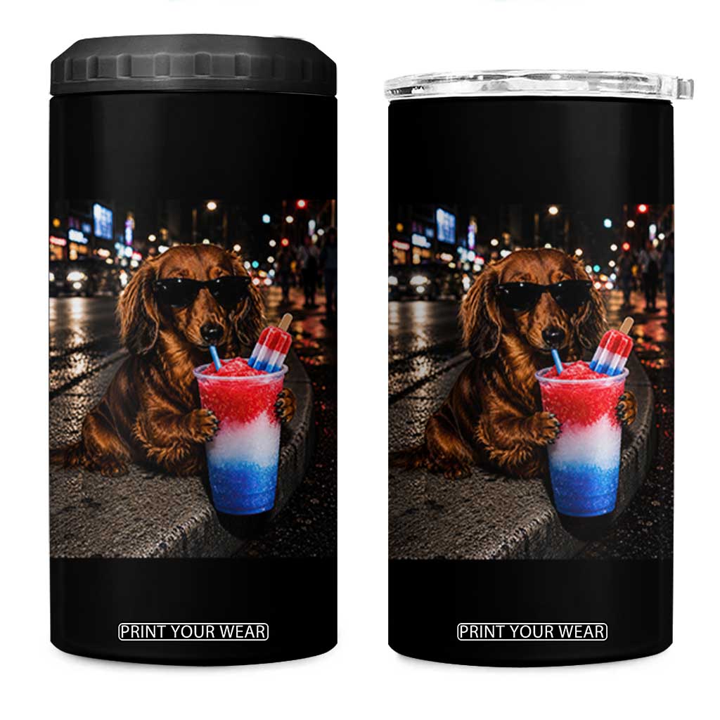 4th Of July Dachshund Drinking Slushie 4 in 1 Can Cooler Tumbler Patriotic 250 Anniversary USA Dog Lovers Funny Meme