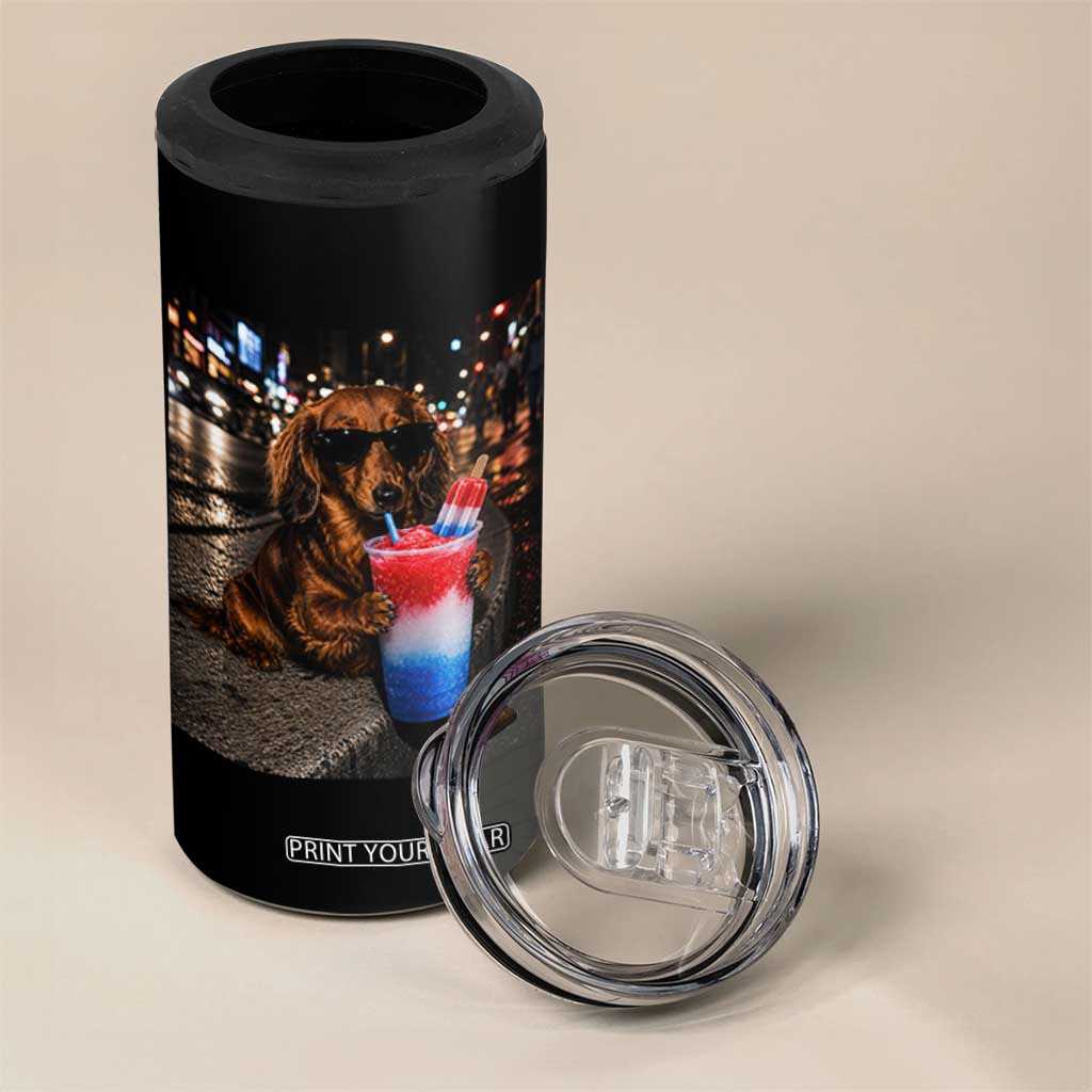 4th Of July Dachshund Drinking Slushie 4 in 1 Can Cooler Tumbler Patriotic 250 Anniversary USA Dog Lovers Funny Meme